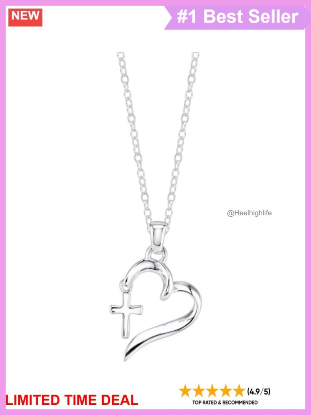 18K White Gold Plated Cross Heart Pendant Necklace 18" Adjustable